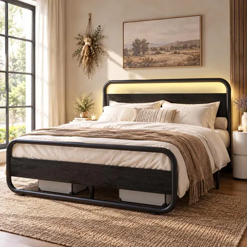 Vista 24 de Catrimown - Marco para cama individual con luces LED, marco de cama plataforma individual resistente de metal rústico con cabecera de madera Negro