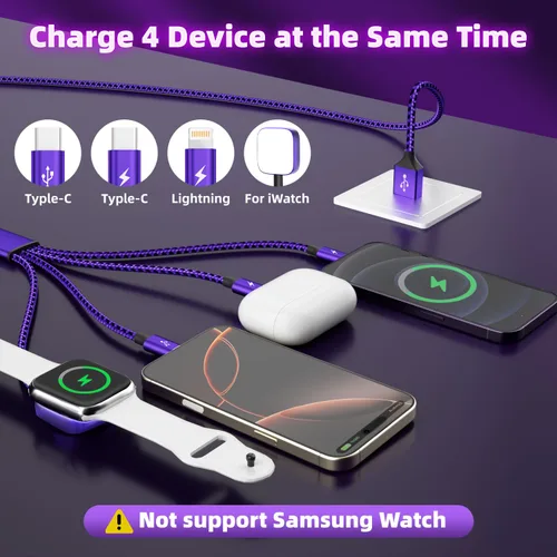 Vista 2 de Travel Essentials - Cable de carga múltiple 4 en 1 para cargador de reloj de iPhone, USB A a doble tipo C/IP/iWatch, cargadores de viaje