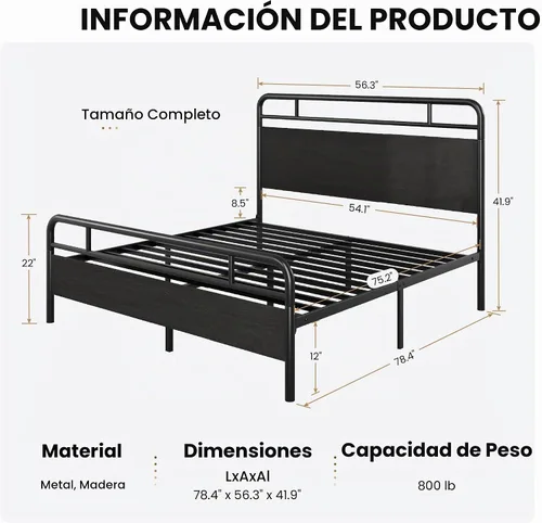 Vista 2 de SHA CERLIN Base de cama tamaño completo con cabecera de madera industrial vintage, plataforma de metal resistente con almacenamiento debajo