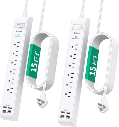 Vista 13 de Paquete de 2 regletas de alimentación, cable de extensión de 3 pies, protector de sobretensiones con 6 tomas de corriente y 4 puertos USB (2 USB C)