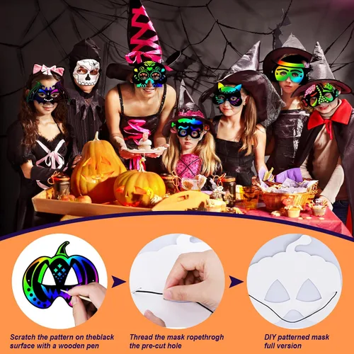 Vista 4 de Natonhi 32 piezas de manualidades de Halloween para niños, máscara para rascar arco iris, juegos de Halloween, arte y manualidades, kit de Halloween