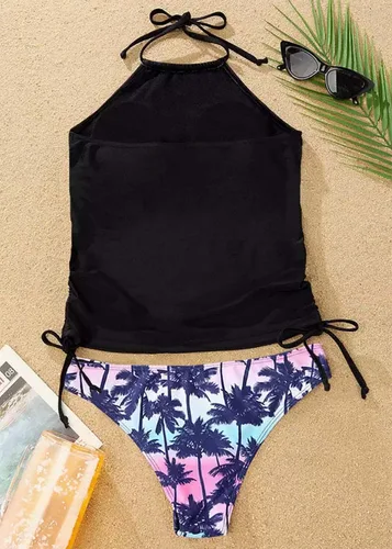 Vista 4 de Conjunto de tankini con cuello halter de árbol de coco para mujer, con tirantes ajustables, traje de baño de playa