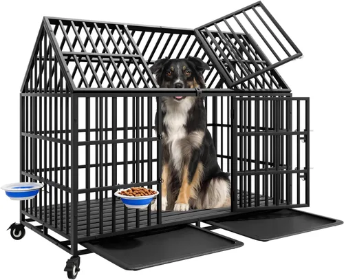 Vista 13 de Jaula indestructible para perros de 44 pulgadas, resistente a escapes, con techo puntiagudo para perros grandes y medianos de alta ansiedad, jaula