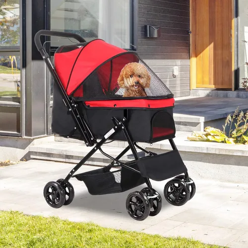 Vista 7 de Cochecito para perros con cuatro ruedas, carrito plegable para mascotas para perros pequeños y medianos y gatos con cubierta climática y cesta
