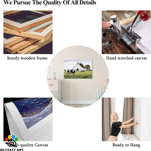 Vista 5 de Arte de pared con estampado de granero blanco de granja, granero y vaca, arte de pared con imágenes de granero blanco, cuadros rústicos de campo