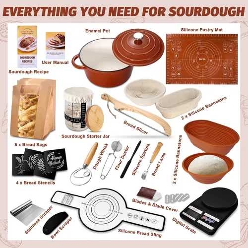 Vista 2 de Kit de inicio de masa madre EWFEN con olla de hierro fundido esmaltada, suministros completos para hornear pan de masa madre, cestas de prueba