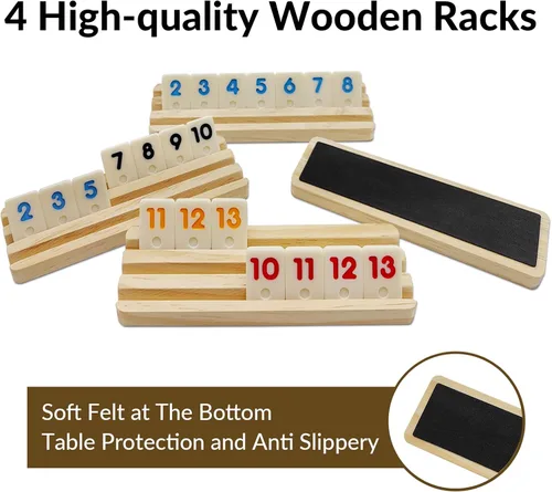 Vista 3 de Mini Travel Rummy Cube Set con 4 estantes de madera, 106 fichas de juego Rummy con estuche portátil para juegos de mesa clásicos en familia