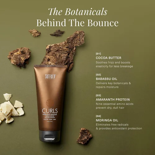 Vista 4 de Surface Hair - Máscara intensiva de rizos, hidrata, protege y cura con manteca de cacao y aceite de babasú, 6 onzas líquidas