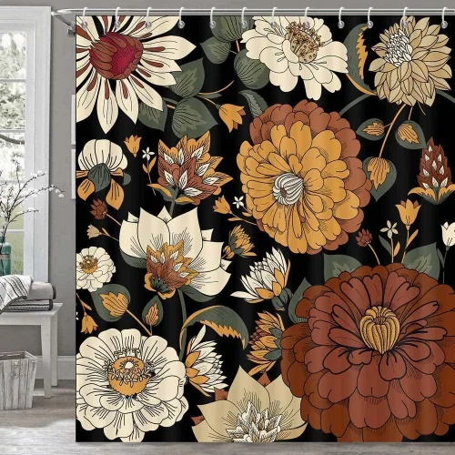 Vista 19 de Torich Cortina de ducha bohemia floral para baño, abstracta de mediados de siglo, decoración bohemia, cortinas de baño, flores botánicas, hojas