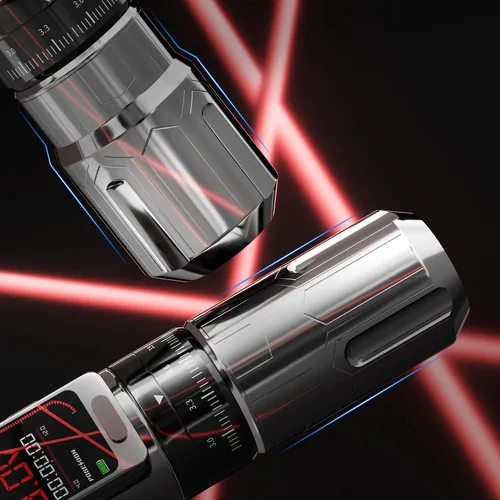 Vista 3 de POSEIDON Pro - Kit de pistola de tatuaje de 7 tiempos de longitud con 2 baterías de 2300 mAh, fuente de alimentación Rca Jack, parte extra de agarre