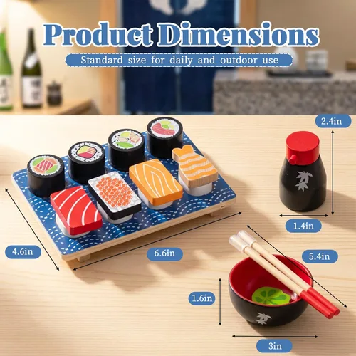 Vista 4 de Juego de comida para cortar sushi, juguetes de cocina de madera para niños de 3 años en adelante, juguete de aprendizaje de sushi para niñas y niños