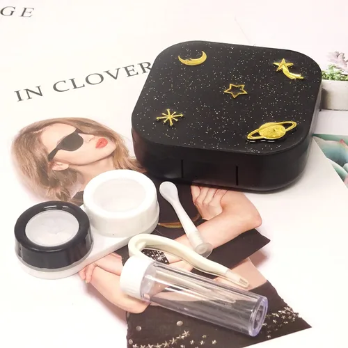 Vista 5 de Honbay Fashion Planet Estuche para lentes de contacto portátil Kit de caja de lentes de contacto con espejo (cuadrado)