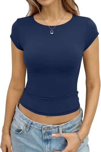 Vista 10 de EasyGala Camisetas de manga casquillo recortadas con doble forro para mujer, cuello redondo, camisetas ajustadas para salir, ropa de verano Y2K 2026