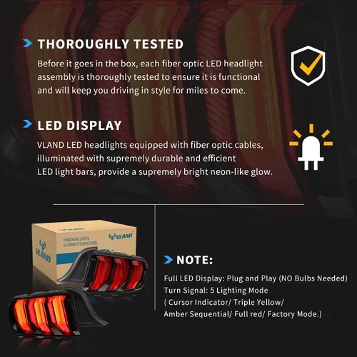Vista 5 de Luces traseras LED VLAND Compatibles con Ford Mustang 2015-2020 con secuenciales (5 modos - lente roja)