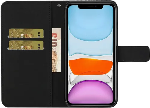 Vista 5 de Funda compatible con iPhone 11 con tarjetero de cuero con tapa abatible, estampado retro con función atril, funda protectora magnética para iPhone