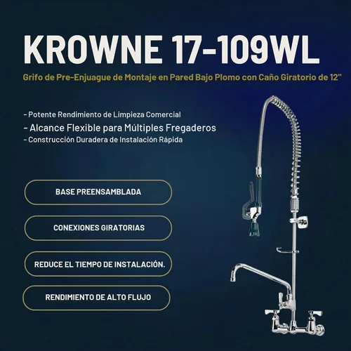 Vista 2 de Krowne 17 - 109WL - Montaje central de pared para pre-enjuague con llave complementaria de 8 pulgadas, boquilla de 12 pulgadas, bajo en plomo