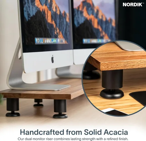 Vista 2 de Nordik - Elevador grande de doble monitor para 2 – 42.5 pulgadas de madera dura de acacia hecha a mano – Estante de madera organizador de escritorio
