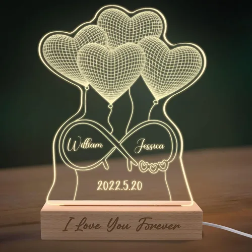 Vista 8 de Luz nocturna personalizada con ilusión 3D con base de madera, lámpara de corazón personalizada con texto de imagen, luz nocturna LED acrílica