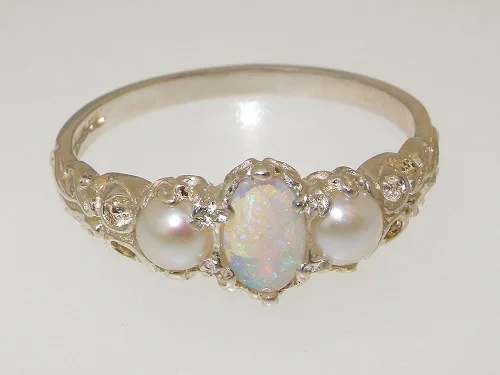 Vista 6 de Anillo de plata de ley 925 auténtico ópalo y perlas cultivadas para mujer