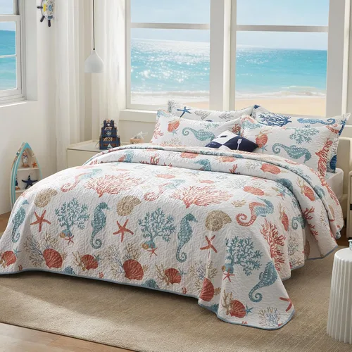 Vista 2 de LEAONME Coastal Juego de Edredón Tamaño Twin - Colcha Reversible de Microfibra Ligera, 68''x86'', Coral, Incluye 1 Funda de Almohada