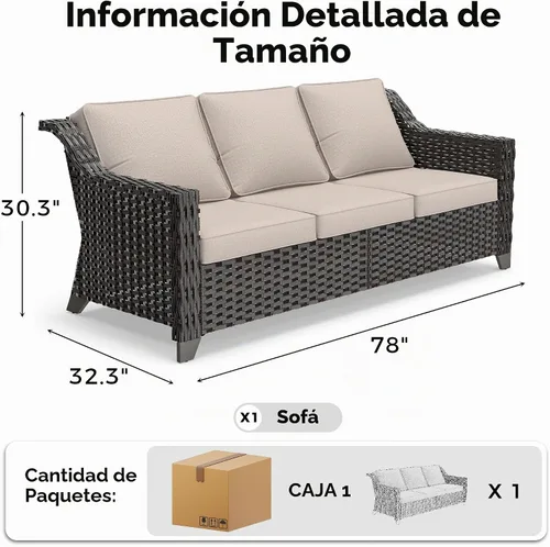 Vista 2 de Sofá de lujo para patio al aire libre de 3 plazas con mimbre de PE tejido a mano Beige