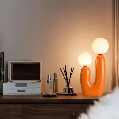 Vista 7 de Lámpara de mesa moderna naranja en forma de cactus con 2 luces, lámpara de seta, esfera de leche blanca de vidrio, lámparas de mesa bonitas