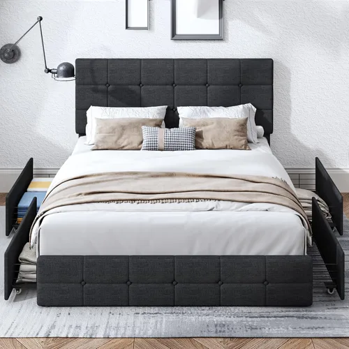 Vista 3 de Moderna base de cama tapizada con 4 cajones de almacenamiento, cama de plataforma con cabecera capitonada con botones ajustables, soporte de Negro