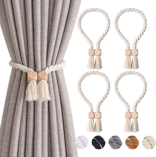 Vista 68 de NICEEC 2 Pack de Alzapaños Magnéticos de Madera en Forma de Cubo Boho para Decoración del Hogar, Alzapaños de Lino Tejidos a Mano para Cortinas Beige