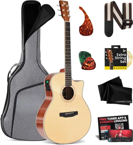 Vista 12 de Kit de guitarra acústica para principiantes Pyle, tamaño junior 3/4, instrumento completamente de madera con kit completo de accesorios, púas