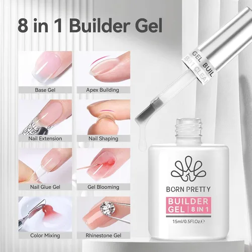 Vista 2 de BORN PRETTY Gel Constructor para Uñas, Gel de Construcción de Uñas de 8 en 1 Transparente para la Cúspide de la Uña y Fortalecedor de Extensión