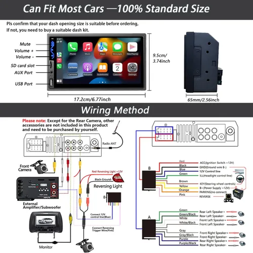 Vista 6 de Estéreo de auto de doble DIN compatible con Apple CarPlay y Android Auto - Receptores de audio de coche HD de 7 pulgadas con Bluetooth, Mirror Link