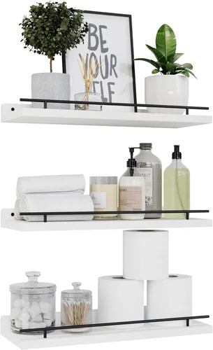 Vista 8 de WOPITUES Estantes flotantes con barandilla de metal negro, estantes para decoración de pared, juego de 3, estantes de pared para dormitorio, baño