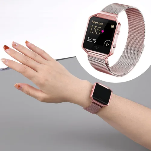 Vista 4 de Wongeto Correa de metal compatible con Fitbit Blaze bandas con marco de metal, correa de repuesto ajustable de malla de acero inoxidable