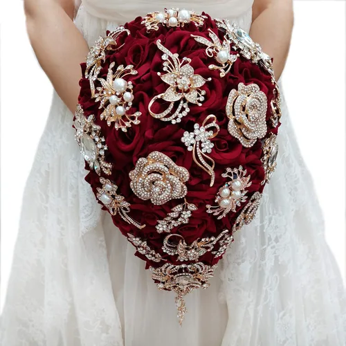 Vista 4 de YIFUwedding - Ramo de gota de agua para novia, color rojo vino, azul marino, propuesta de joyería de lujo, para dama de honor, novio, ramillete