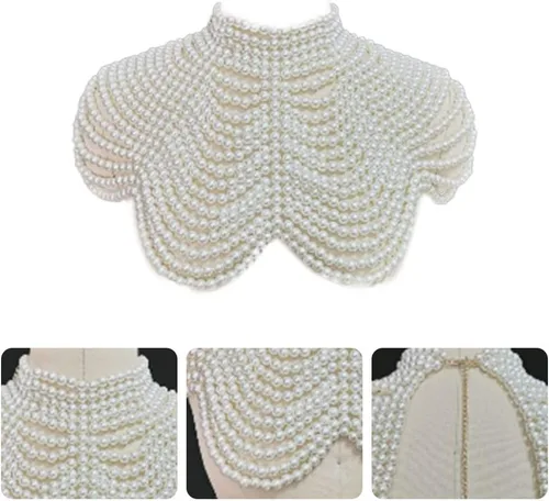 Vista 6 de Collar de gargantilla con cuentas de perlas de imitación para mujer, collar de chal de cadena para el cuerpo, Madera, Perla