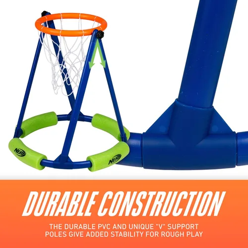 Vista 5 de NERF - Juego de aro de baloncesto flotante para piscina + red de fútbol – Baloncesto acuático + (2) pelotas de fútbol acuáticas incluidas – Aro