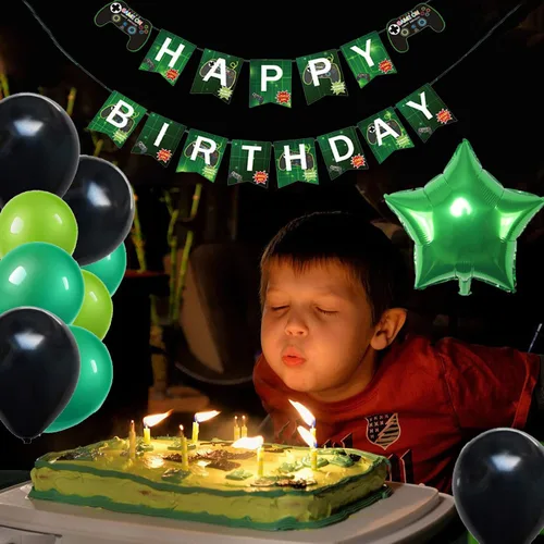 Vista 5 de Suministros de fiesta de videojuegos para niños y niñas, pancarta de juegos de feliz cumpleaños, decoración colgante de bienvenida, globos