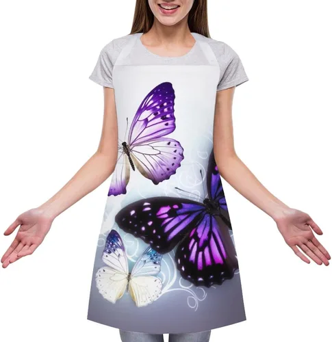 Vista 3 de Personalized White Purple Butterflies Adult Apron, Kitchen Cooking Aprons for Woman Man, Adjustable Bib Apron with Pocket for Baking, BBQ Crafting