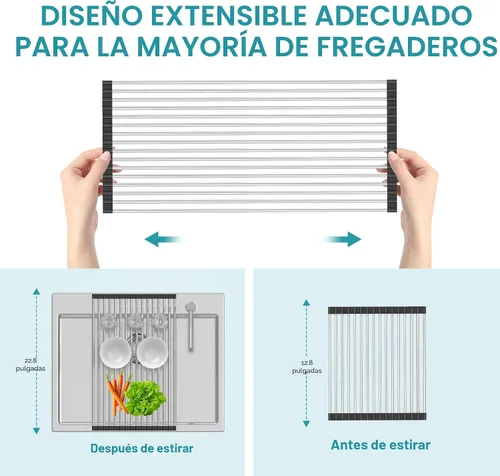 Vista 3 de BBXTYLY Estante Extra Expandible Enrollable para Secar Platos, Cubierta de Fregadero sobre el Lavabo, Accesorios de Cocina, Escurridor Enrollable