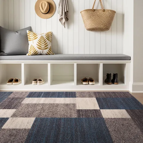 Vista 28 de Rugshop Alfombra Contemporánea Azul con Cajas Geométricas Antideslizante y sin Desprendimiento para Sala de Estar, Comedor y Oficina, 20" x 30