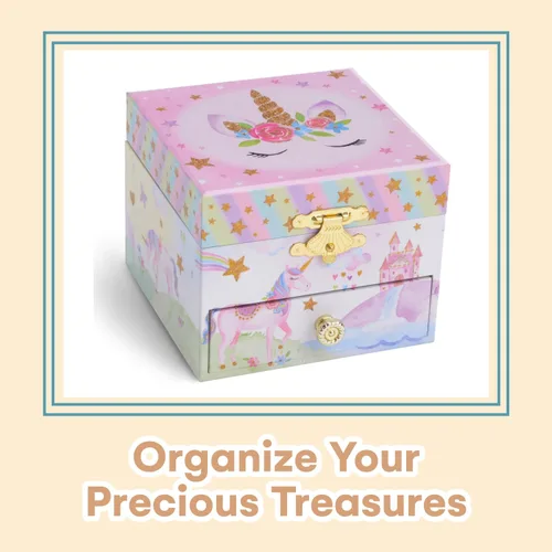 Vista 3 de Jewelkeeper Joyero para niñas con 1 cajón, joyeros musicales de unicornio para fiestas, hermosa melodía soñadora y muñeca de unicornio giratoria