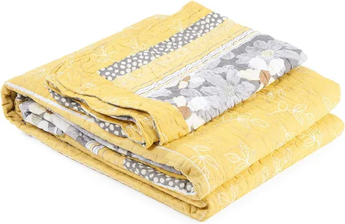 Vista 2 de Newrara 100% algodón color amarillo con flor gris juego de edredón/colcha de retazos/colcha multifunción/funda de cama/juego de cama /3