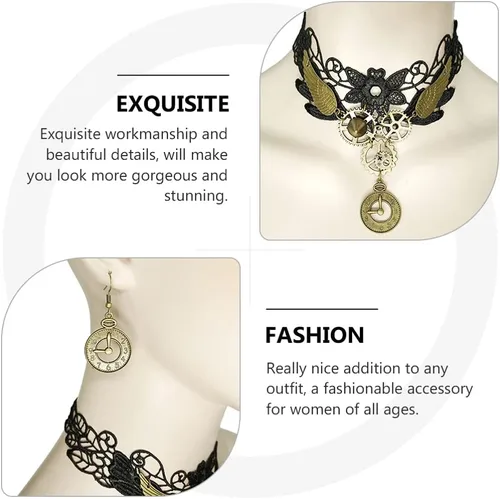 Vista 5 de Generic Gargantilla de encaje gótico, aretes vintage, collar steampunk, gargantilla de engranaje, accesorios de disfraz para mujeres y niñas, 3