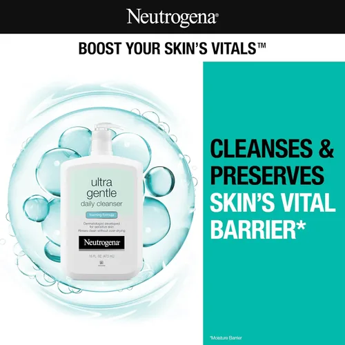 Vista 2 de Neutrogena Limpiador facial espumoso diario ultra suave, 16 onzas líquidas, hidratante facial diario, 3.4 onzas líquidas, cuidado de la piel
