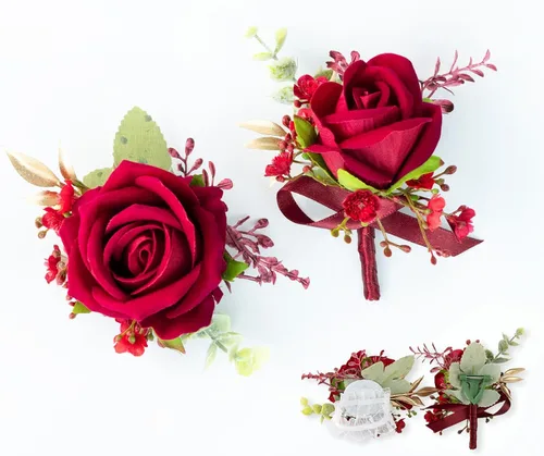 Vista 6 de Juego de ramillete y boutonniere para novio, novia, padrinos de boda, fiesta de graduación, rosas artificiales para hombres, boda, madre, abuela