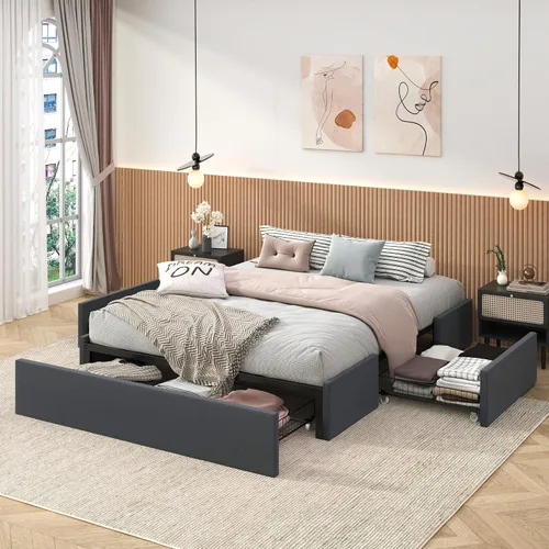 Vista 10 de SHA CERLIN Base de cama moderna de plataforma completa con 3 cajones de almacenamiento, diseño de panel lateral de ala, tapizado de piel sintética
