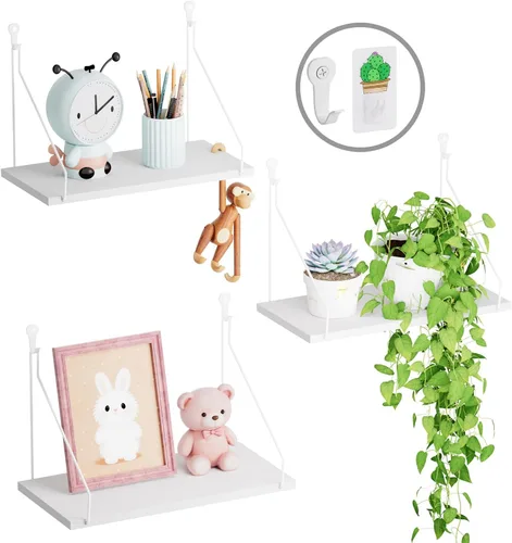 Vista 8 de QsQueen Eleva tu espacio con el juego de 3 estantes flotantes de madera rústica, perfectos para dormitorio, sala de estar, baño y decoración