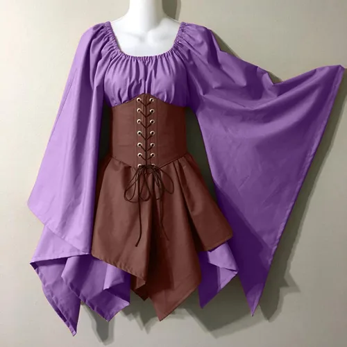 Vista 2 de Disfraces de Halloween para mujer, vestidos cuadrados de cintura alta, vestido medieval renacentista punk y camisola Z07A, C-Púrpura