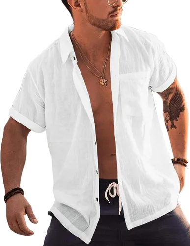 Vista 10 de Bbalizko - Camisas de manga corta para hombre con botones, de lino y algodón, para la playa, con cuello abierto, lisas, de verano, con bolsillo