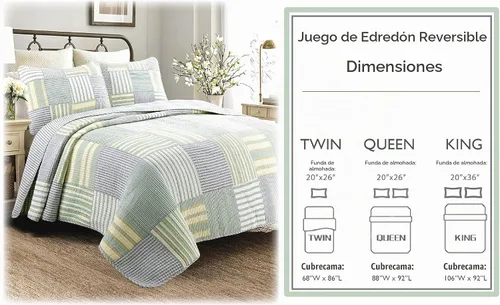 Vista 7 de Cozy Line Home Fashions Juego de ropa de cama de retazos reales a cuadros y rayas verdes, amarillos y azules, 100% algodón, colcha reversible